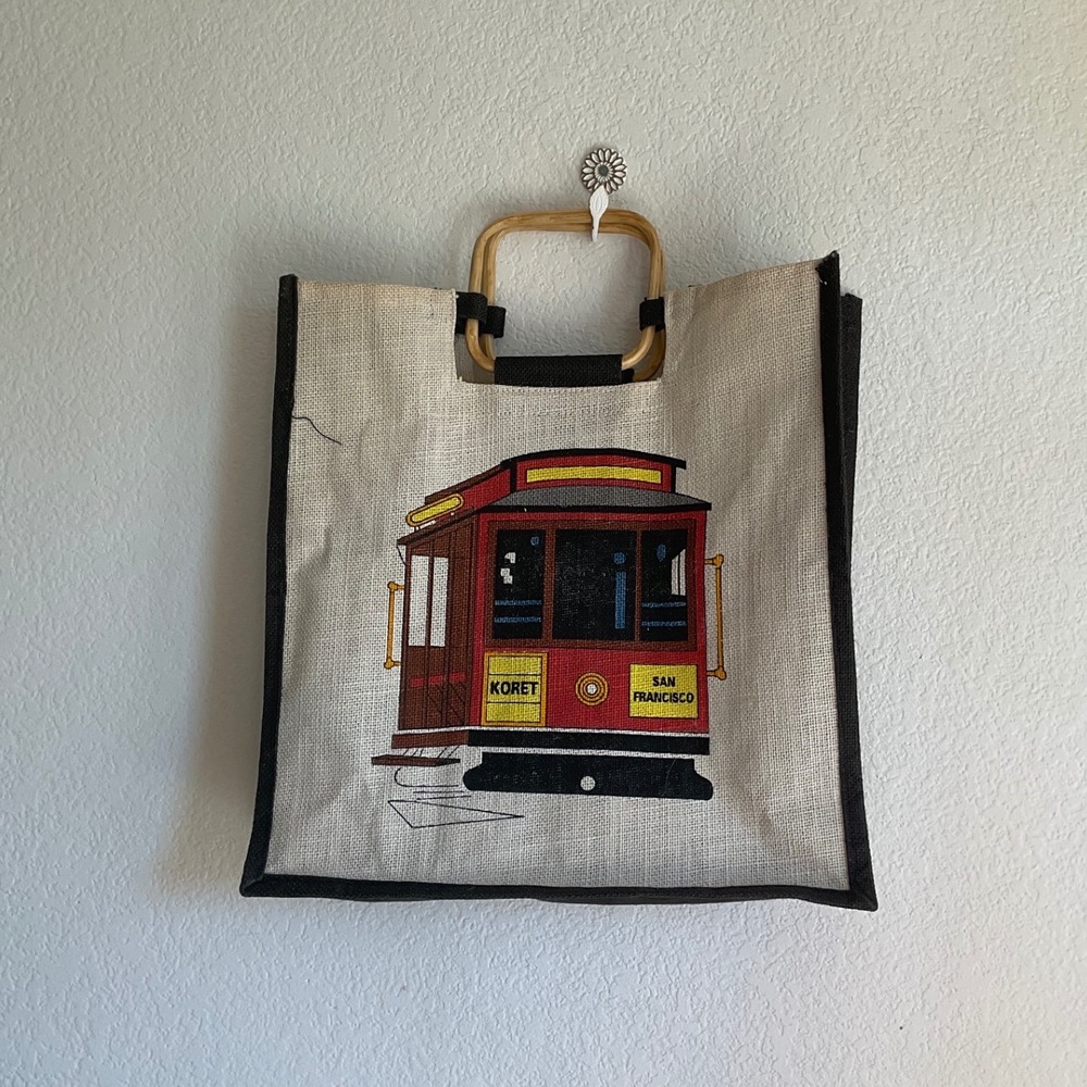 Vintage Koret San Francisco Cable Car Burlap Tote Bag Wood Handle Souvenir Retro
